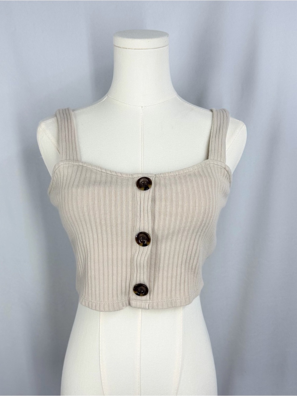 GU Japan Ribbed Crop Top Size M Beige Knit Button Faux Placket Camisole Coquette